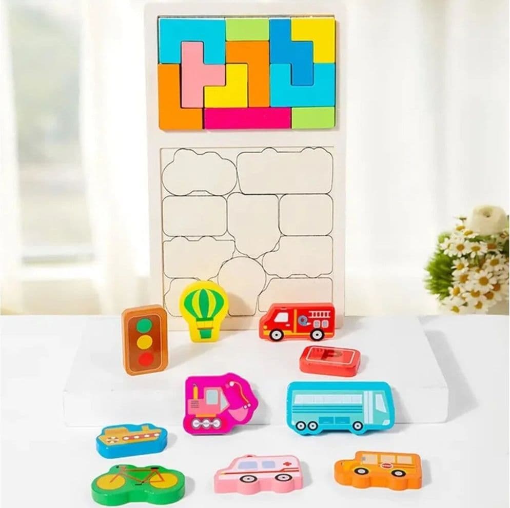 PUZZLE IN LEGNO GIOCATTOLO EDUCATIVO PER BAMBINI 2IN1 DESIGN TETRIS MEZZI TRASPORTO 31572 - 3