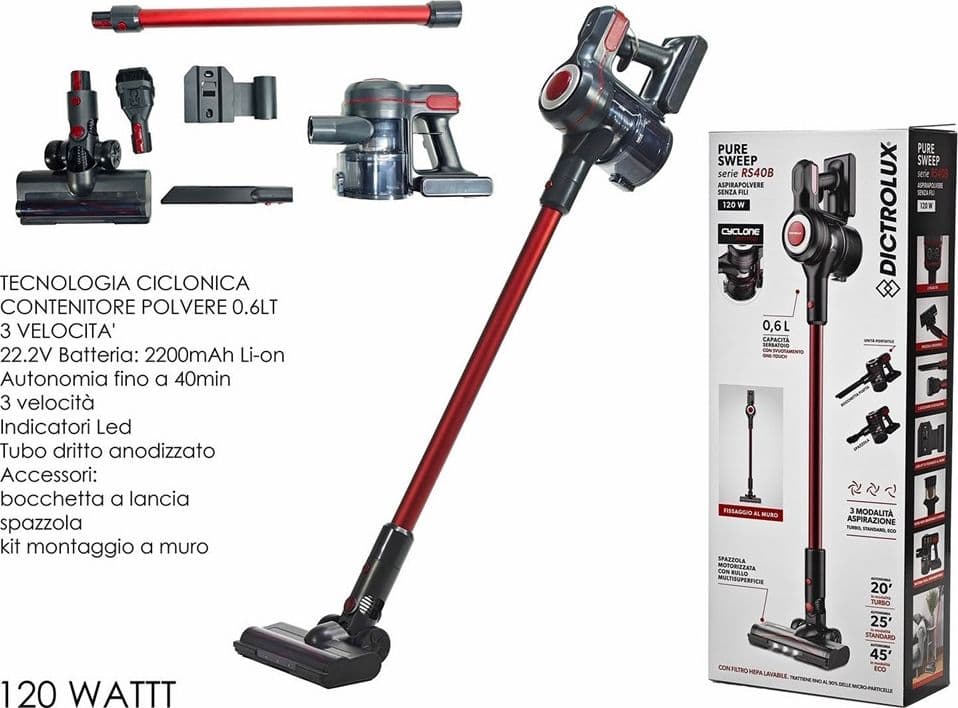 ASPIRAPOLVERE SCOPA ELETTRICA SENZA FILI CICLONICA 120W SPAZZOLA MOTORIZZATA MULTISUPERFICIE - 2