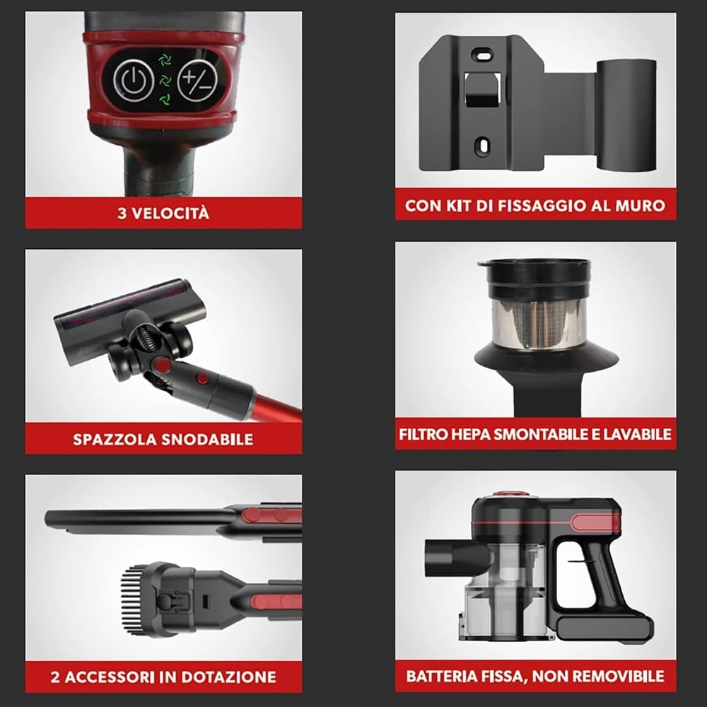 ASPIRAPOLVERE SCOPA ELETTRICA SENZA FILI CICLONICA 120W SPAZZOLA MOTORIZZATA MULTISUPERFICIE - 9
