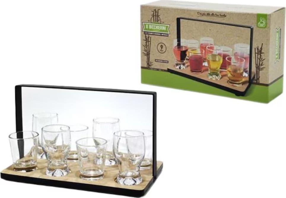 SET 9PZ DI 8 BICCHIERINI DA SHOT IN VETRO CON VASSOIO PORTATA IN LEGNO SUPPORTO IN METALLO