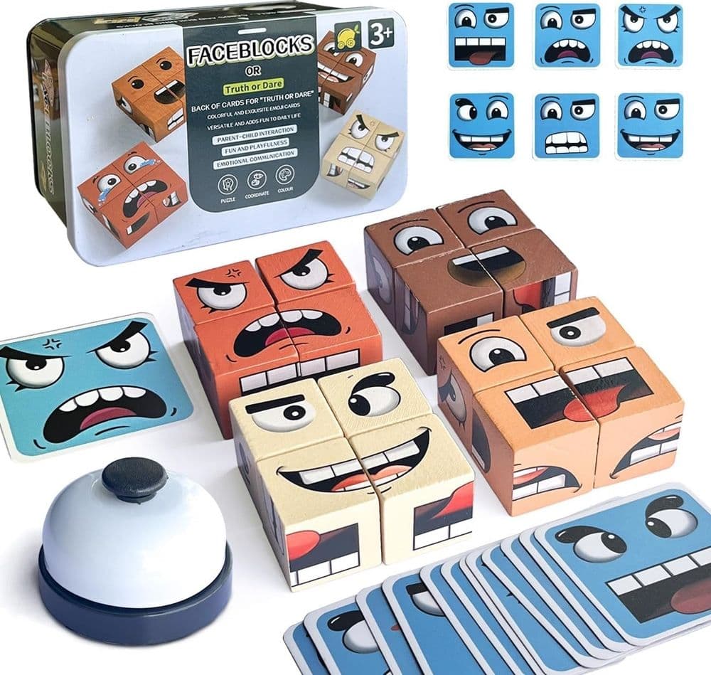 GIOCO BLOCCHI LEGNO CUBO MAGICO CON CAMPANELLINO MINI PUZZLE ESPRESSIONI PER BAMBINI 32341