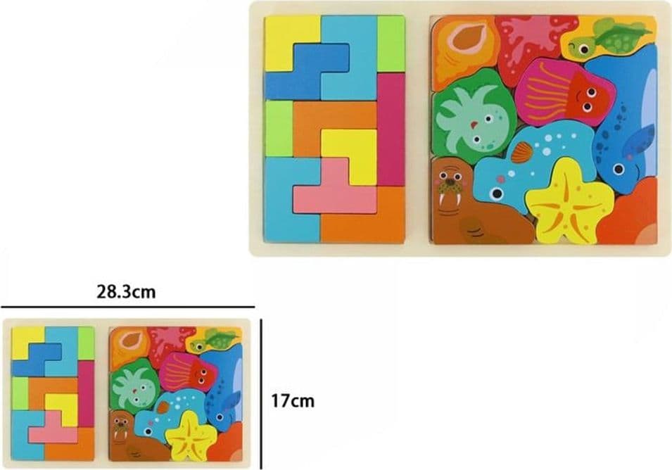 PUZZLE IN LEGNO GIOCATTOLO EDUCATIVO PER BAMBINI 2IN1 DESIGN TETRIS ANIMALI MARINI 31573 - 2