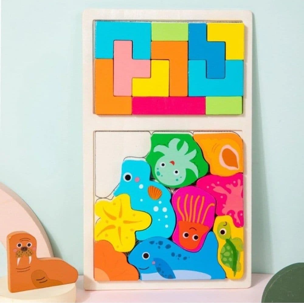 PUZZLE IN LEGNO GIOCATTOLO EDUCATIVO PER BAMBINI 2IN1 DESIGN TETRIS ANIMALI MARINI 31573 - 3