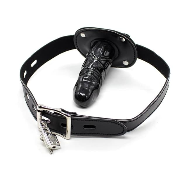 Gag BDSM LATETOBED Penis 10 cm con cinturino regolabile e lucchetto nero - 2