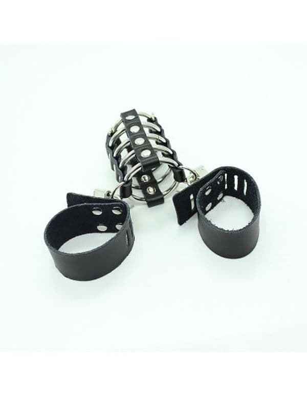 OHMAMA Fetish Gabbia Pene 5 Anelli Metallo Pelle BDSM Regolabile Uomo Cage - 4