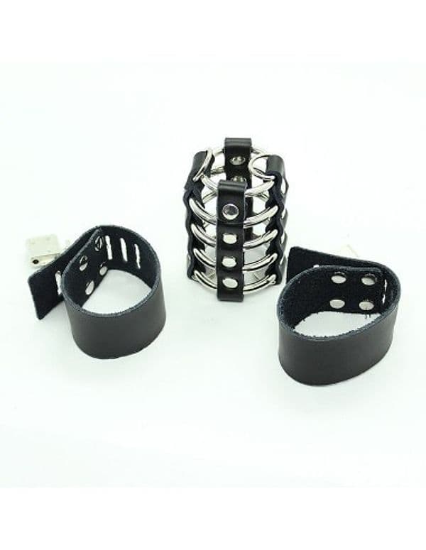 OHMAMA Fetish Gabbia Pene 5 Anelli Metallo Pelle BDSM Regolabile Uomo Cage - 5
