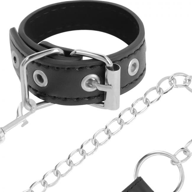 Anello Pene BDSM con Guinzaglio Catena Regolabile Pelle Vegana Nero Fetish Uomo - 4