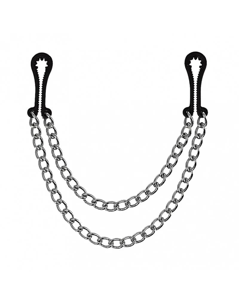 Pinze Capezzoli BDSM con Doppia Catena Metallo Nero Argento Fetish Regolabili - 2