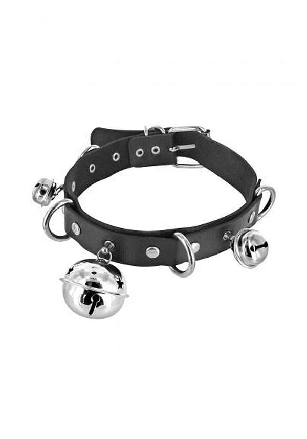 Collare BDSM Nero con Campanelli Anelli Metallo Fetish Choker Regolabile Unisex - 2