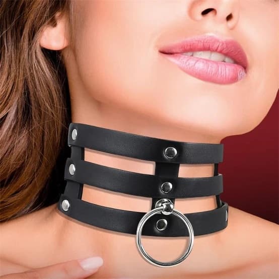 Collare BDSM Largo Nero con Anello Fetish Pelle Vegana Regolabile Unisex Adulto - 2