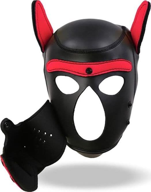 INTOYOU Hound Dog Hood Maschera BDSM Neoprene Museruola Removibile Nero Rosso - 4