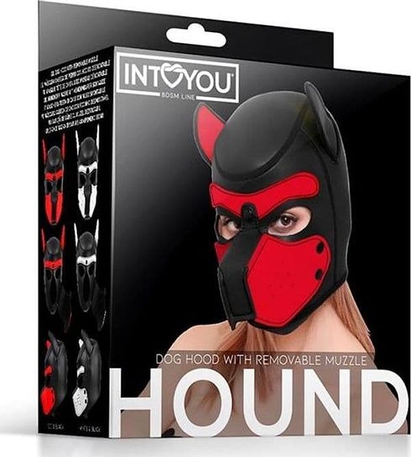 INTOYOU Hound Dog Hood Maschera BDSM Neoprene Museruola Removibile Nero Rosso - 5
