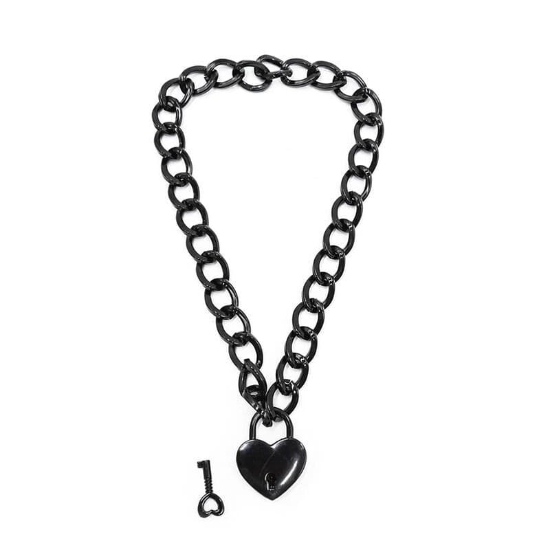 OHMAMA Collare Fetish Catena Acciaio Lucchetto Cuore BDSM Padlock Heart - 2