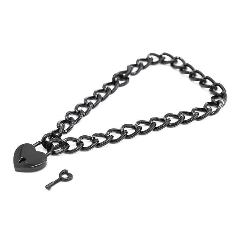 OHMAMA Collare Fetish Catena Acciaio Lucchetto Cuore BDSM Padlock Heart - 5