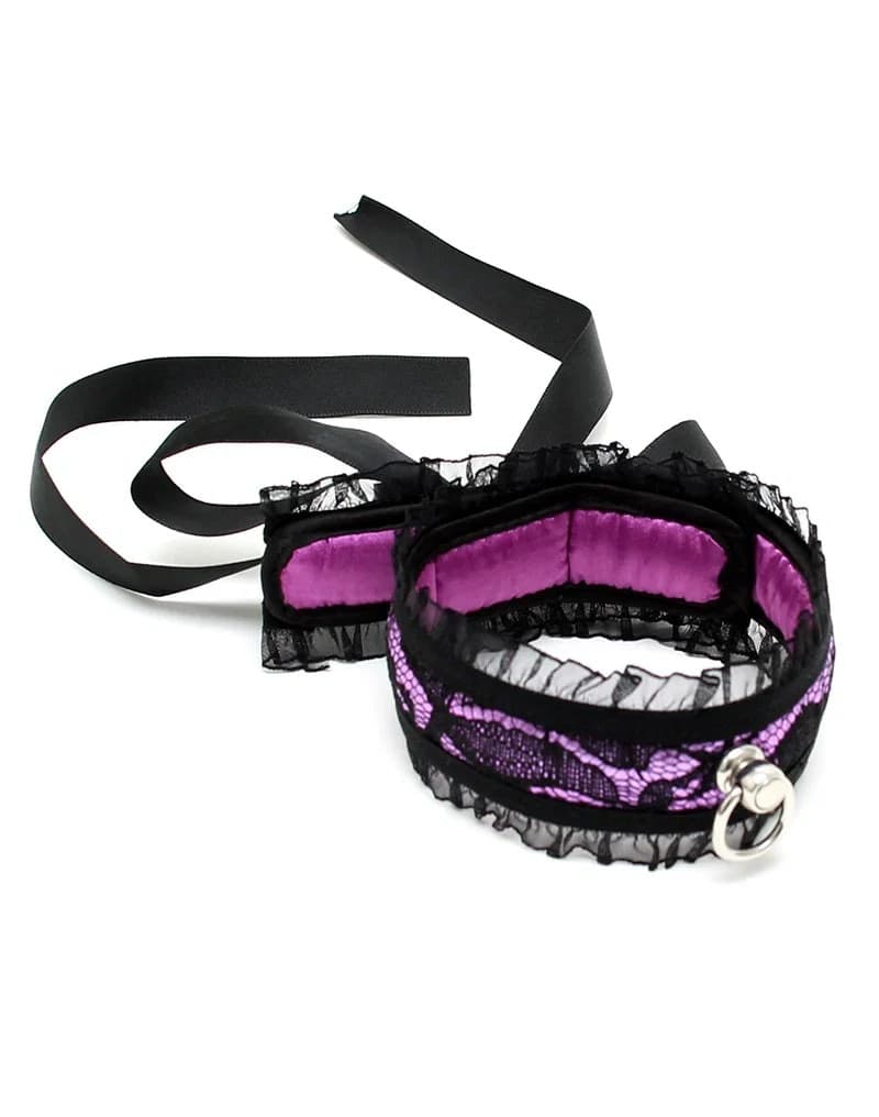 Rimba 8126 Collare BDSM Satin Look Nero Viola O-Ring Nylon Bondage Fetish - 2
