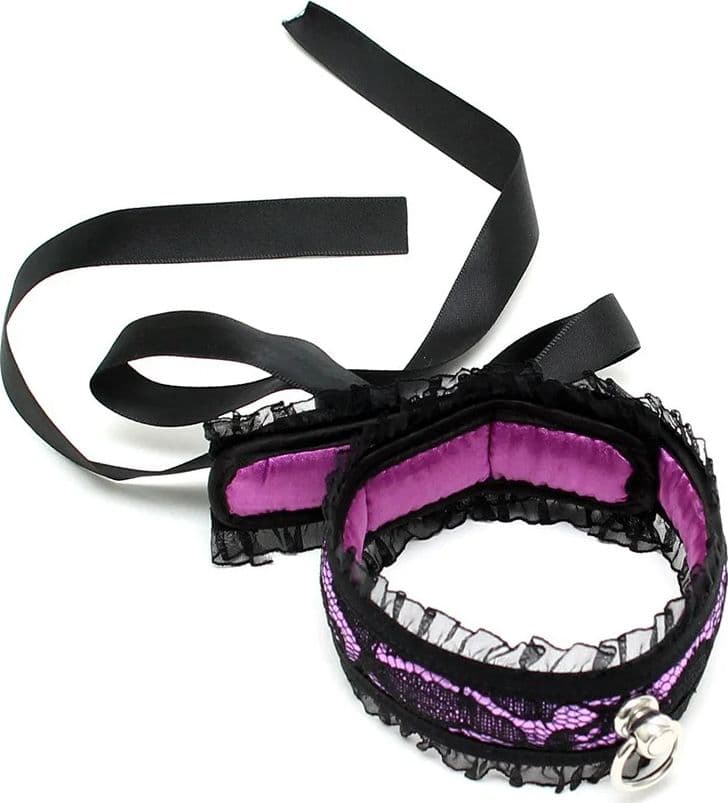 Rimba 8126 Collare BDSM Satin Look Nero Viola O-Ring Nylon Bondage Fetish - 3