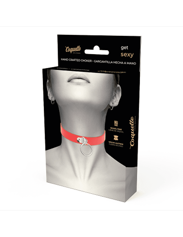Coquette Choker Rosso Vegan Leather Collare Fetish Anello Nickel Free BDSM - 6