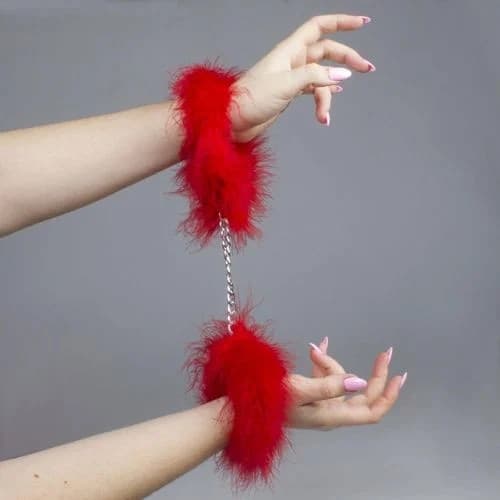 Secret Play Manette Marabou Rosse Piume Catena Metallo 3415R Bondage - 3