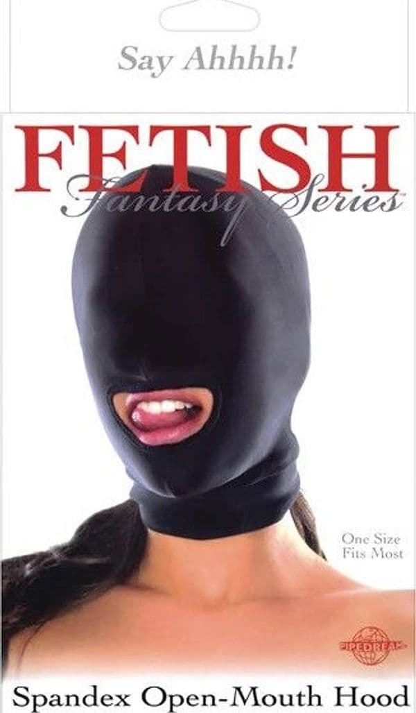 Cappuccio BDSM Nero Bocca Aperta Spandex Maschera Fetish Integrale Unisex Adulto - 6