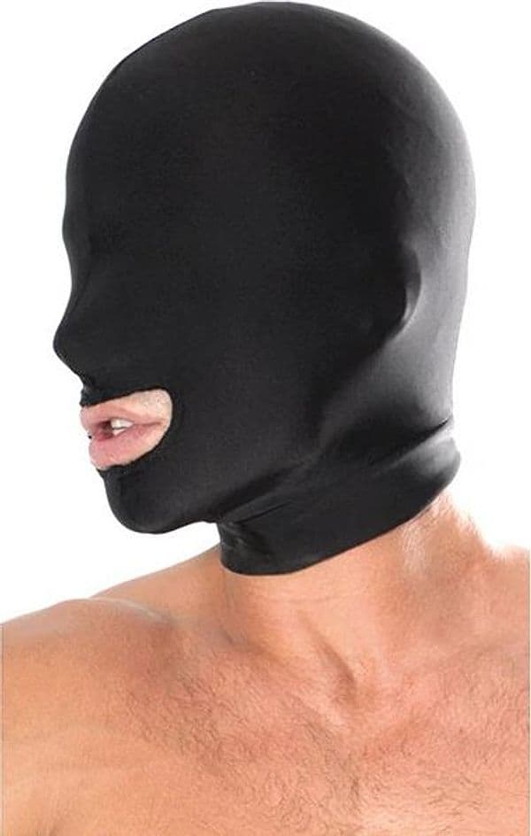 Cappuccio BDSM Nero Bocca Aperta Spandex Maschera Fetish Integrale Unisex Adulto - 3