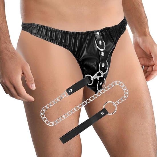Slip fetish Darkness con guinzaglio catena D-ring nero One Size S-L unisex - 5