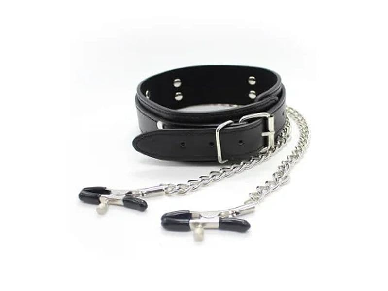 Collare BDSM Fetish Addict pinze capezzoli catene metallo nero regolabile unisex - 2