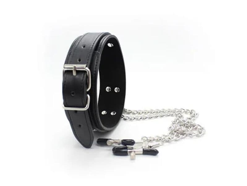 Collare BDSM Fetish Addict pinze capezzoli catene metallo nero regolabile unisex - 3