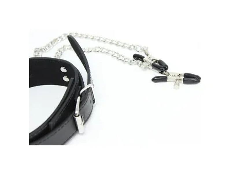 Collare BDSM Fetish Addict pinze capezzoli catene metallo nero regolabile unisex - 4