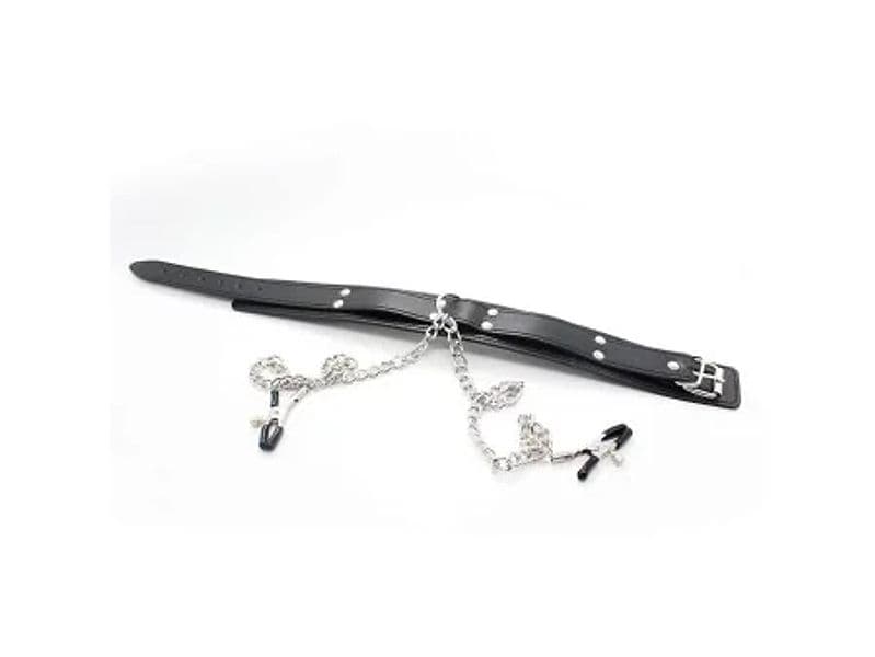 Collare BDSM Fetish Addict pinze capezzoli catene metallo nero regolabile unisex - 5