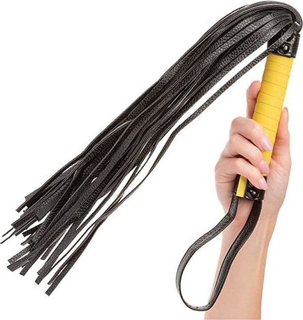 Frusta BDSM CalExotics Boundless Flogger 69 cm PU manico giallo nero unisex - 5