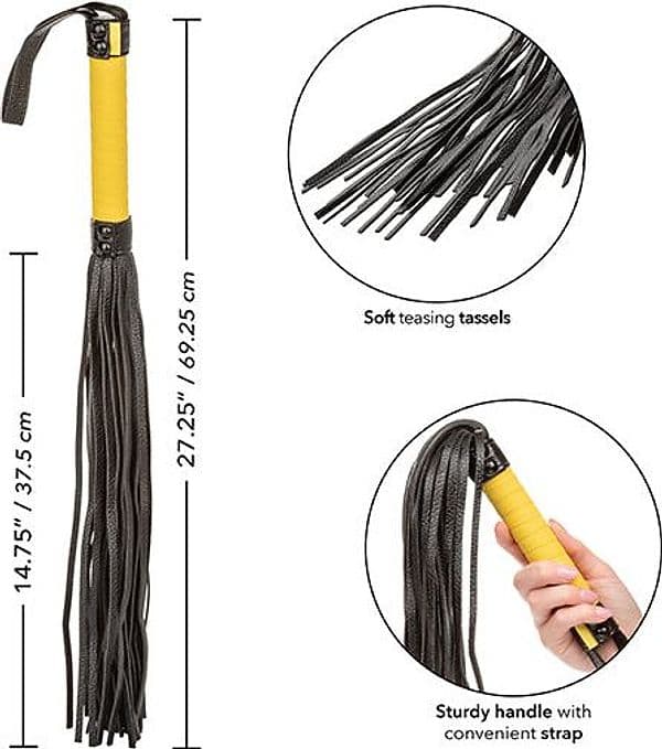 Frusta BDSM CalExotics Boundless Flogger 69 cm PU manico giallo nero unisex - 6