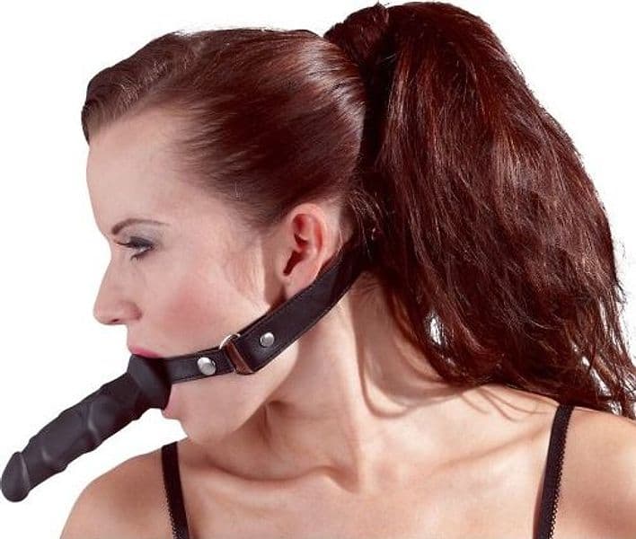 Bavaglio BDSM con dildo 12 cm Fetish Collection regolabile silicone PU nero fetish gag - 3