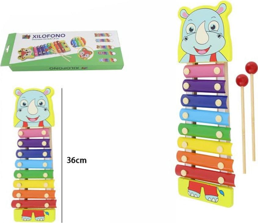 XILOFONO A 8 NOTE IN LEGNO GIOCATTOLO PER BAMBINI TEMA RINOCERONTE CON 2 BACCHETTE 52006 - 2