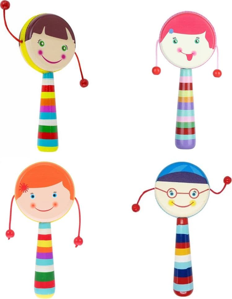 TAMBURO GIOCATTOLO CON SONAGLI BAMBINI MANICO COLORATO IN LEGNO DESIGN VISO ALLEGRO 32339