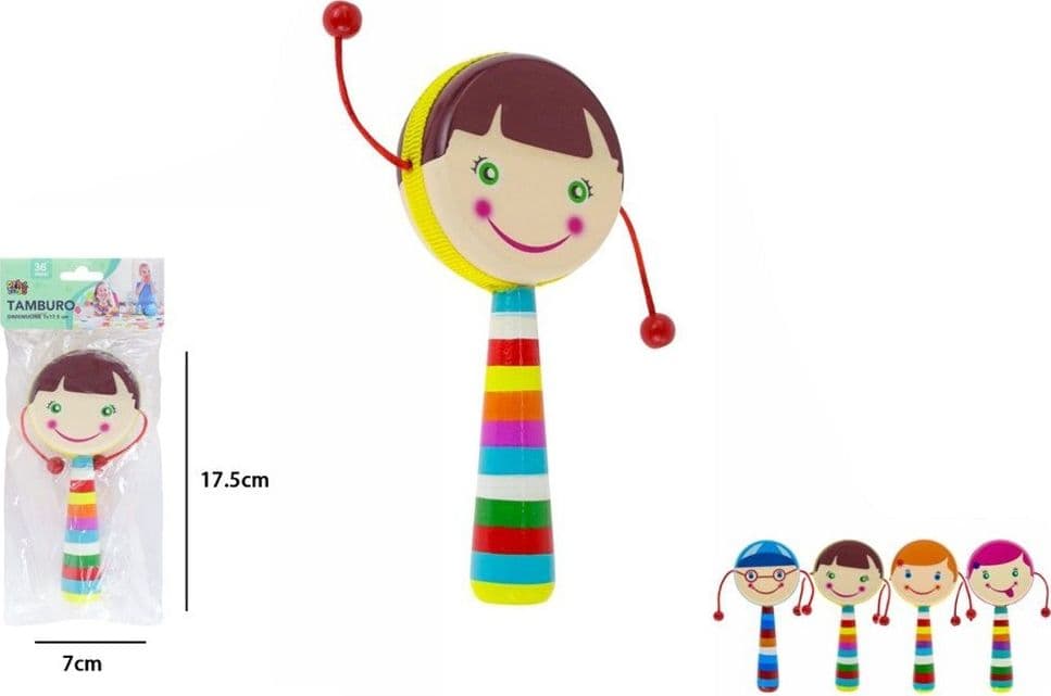 TAMBURO GIOCATTOLO CON SONAGLI BAMBINI MANICO COLORATO IN LEGNO DESIGN VISO ALLEGRO 32339 - 2