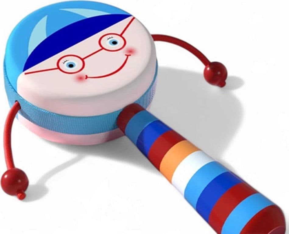 TAMBURO GIOCATTOLO CON SONAGLI BAMBINI MANICO COLORATO IN LEGNO DESIGN VISO ALLEGRO 32339 - 12