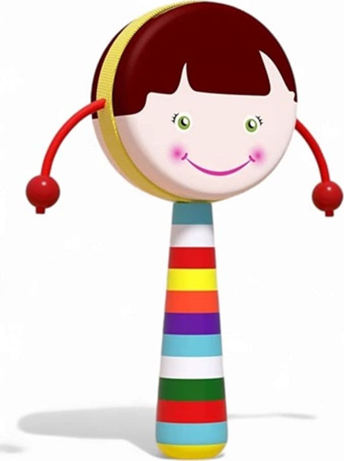 TAMBURO GIOCATTOLO CON SONAGLI BAMBINI MANICO COLORATO IN LEGNO DESIGN VISO ALLEGRO 32339 - 13