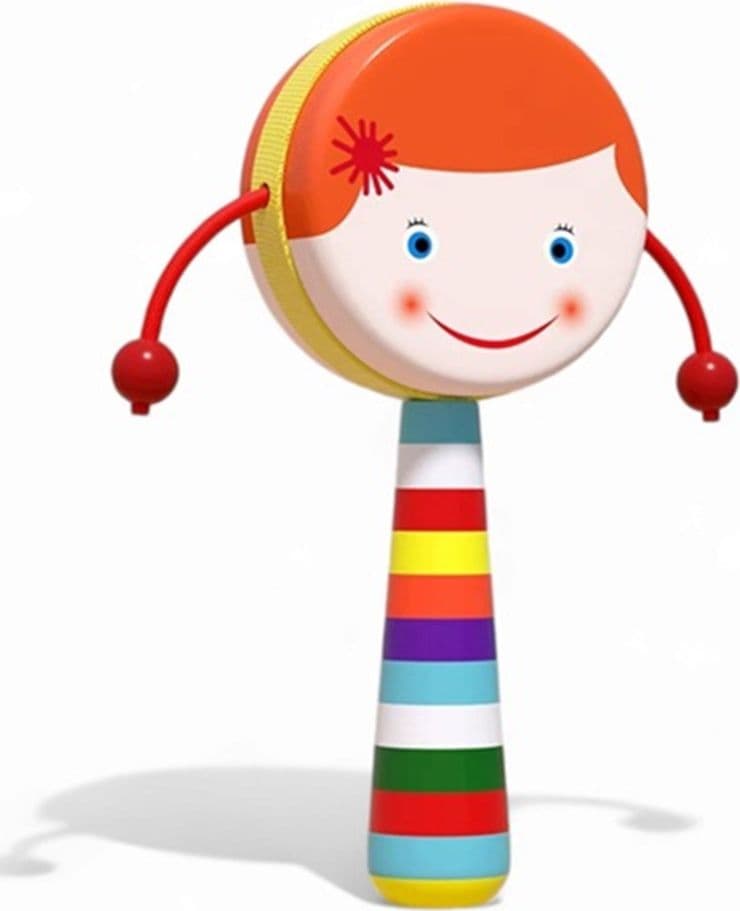 TAMBURO GIOCATTOLO CON SONAGLI BAMBINI MANICO COLORATO IN LEGNO DESIGN VISO ALLEGRO 32339 - 14