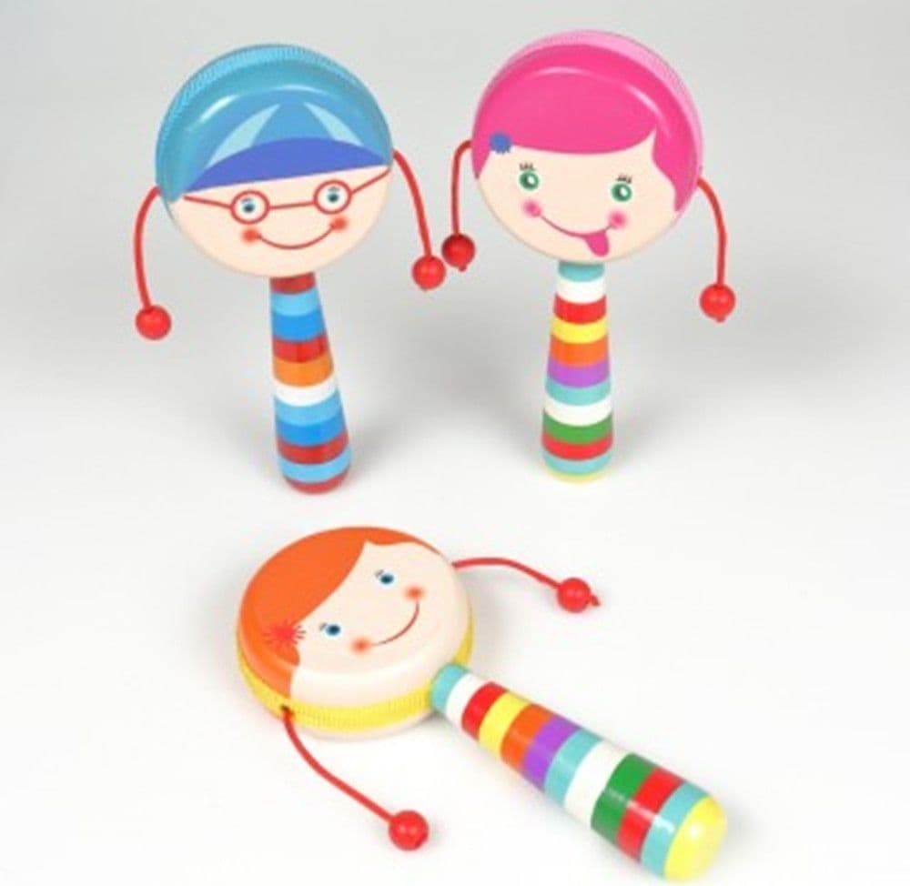 TAMBURO GIOCATTOLO CON SONAGLI BAMBINI MANICO COLORATO IN LEGNO DESIGN VISO ALLEGRO 32339 - 16
