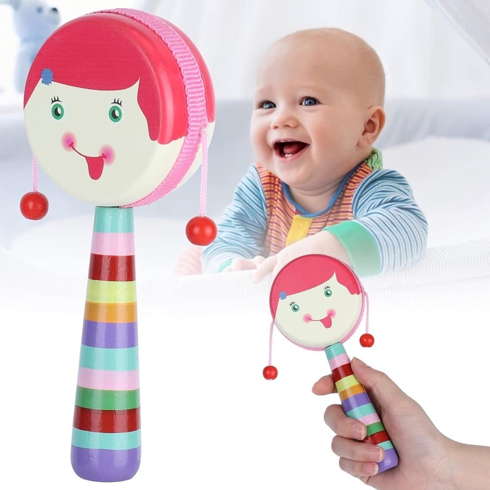 TAMBURO GIOCATTOLO CON SONAGLI BAMBINI MANICO COLORATO IN LEGNO DESIGN VISO ALLEGRO 32339 - 6