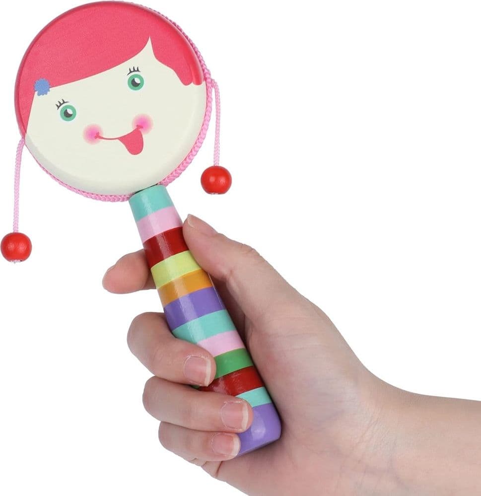 TAMBURO GIOCATTOLO CON SONAGLI BAMBINI MANICO COLORATO IN LEGNO DESIGN VISO ALLEGRO 32339 - 7