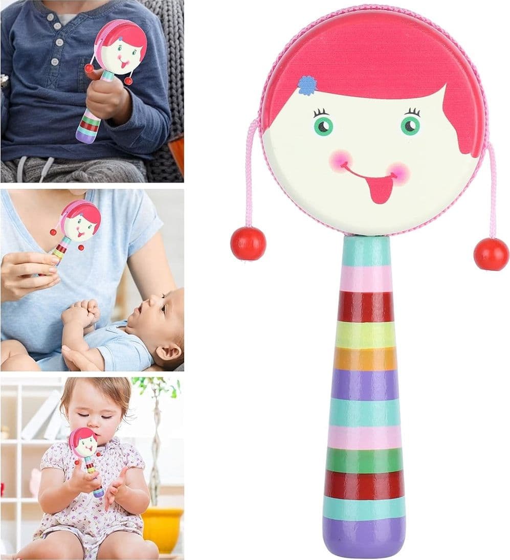 TAMBURO GIOCATTOLO CON SONAGLI BAMBINI MANICO COLORATO IN LEGNO DESIGN VISO ALLEGRO 32339 - 9