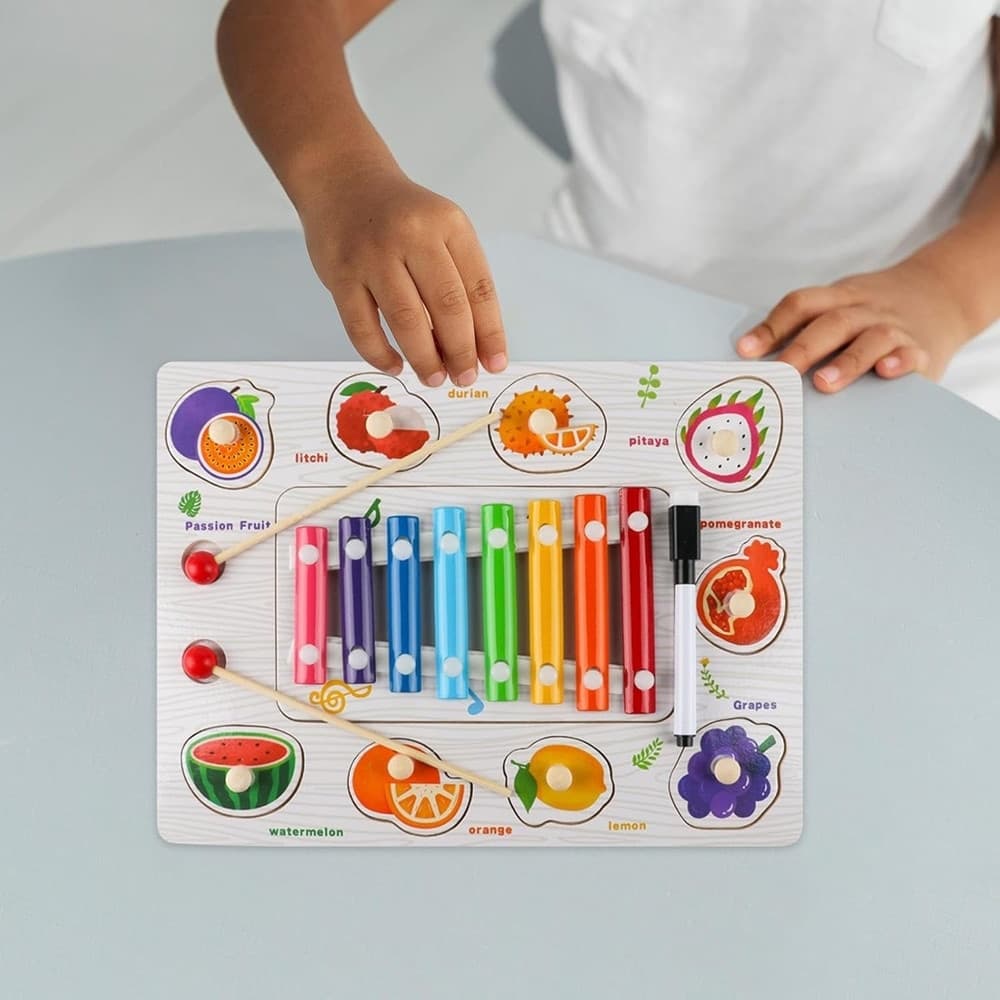 GIOCO PUZZLE A INCASTRO A TEMA FRUTTA EDUCATIVO CON XILOFONO IN LEGNO LAVAGNA 07338 - 5