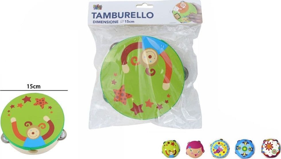 TAMBURO A MANO TAMBURELLO GIOCATTOLO MUSICALE IN LEGNO DECORATO PER BAMBINI 15CM 52274 - 2