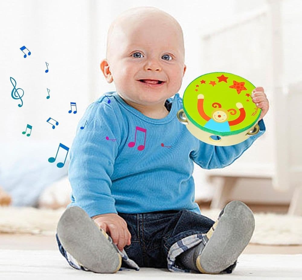 TAMBURO A MANO TAMBURELLO GIOCATTOLO MUSICALE IN LEGNO DECORATO PER BAMBINI 15CM 52274 - 5