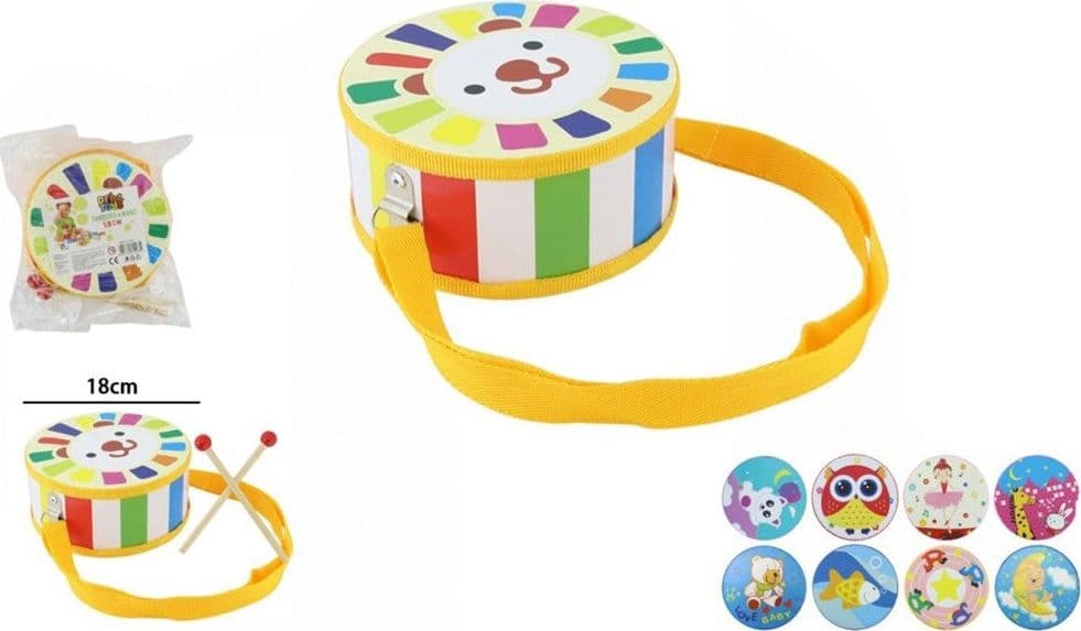 TAMBURO CON BACCHETTE TRACOLLA STRUMENTO MUSICALE PER BAMBINI 18 CM DECORATO 31579 - 2