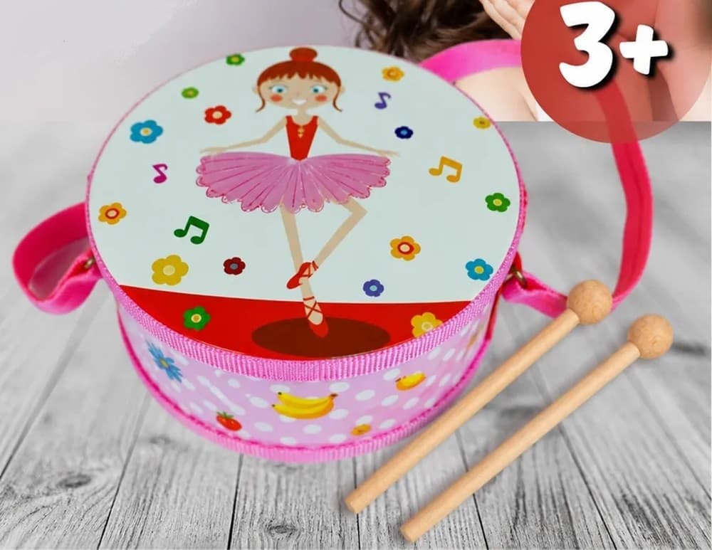 TAMBURO CON BACCHETTE TRACOLLA STRUMENTO MUSICALE PER BAMBINI 18 CM DECORATO 31579 - 3