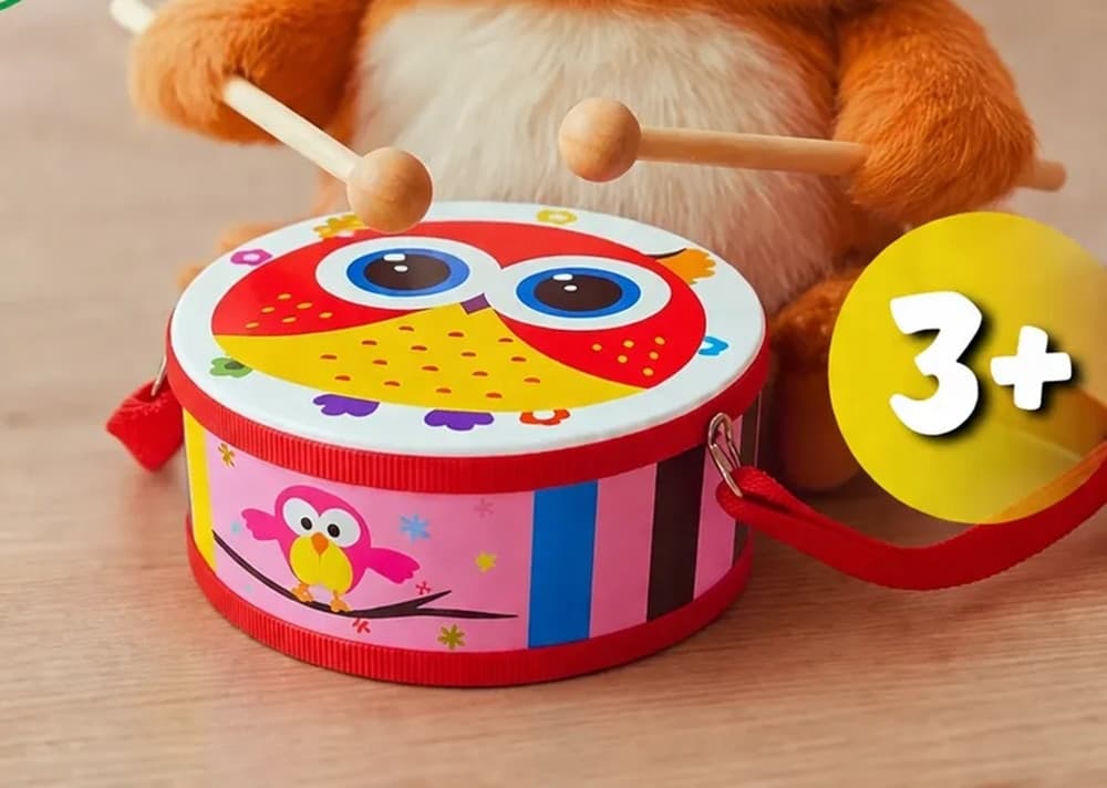TAMBURO CON BACCHETTE TRACOLLA STRUMENTO MUSICALE PER BAMBINI 18 CM DECORATO 31579 - 4