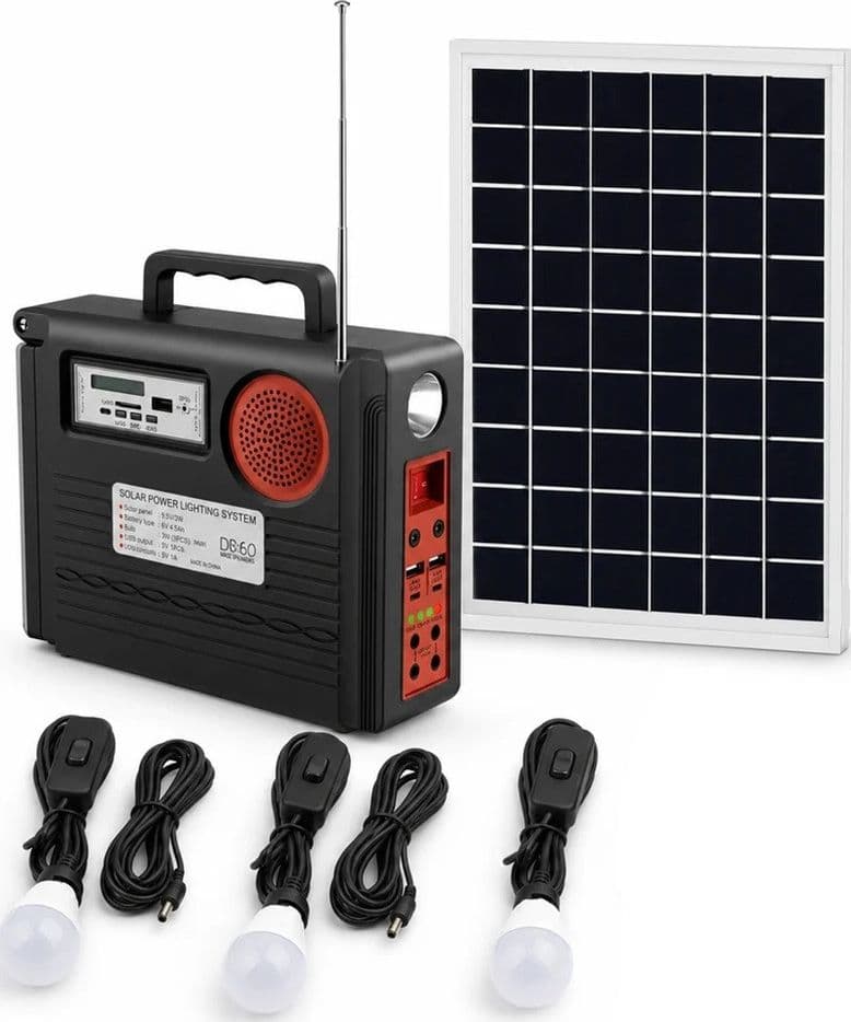 KIT SISTEMA ILLUMINAZIONE PANNELLO SOLARE 3 LAMPADINE ALTOPARLANTE RADIO USB BATTERIA