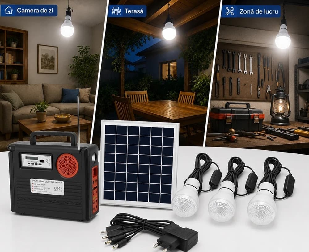 KIT SISTEMA ILLUMINAZIONE PANNELLO SOLARE 3 LAMPADINE ALTOPARLANTE RADIO USB BATTERIA - 3